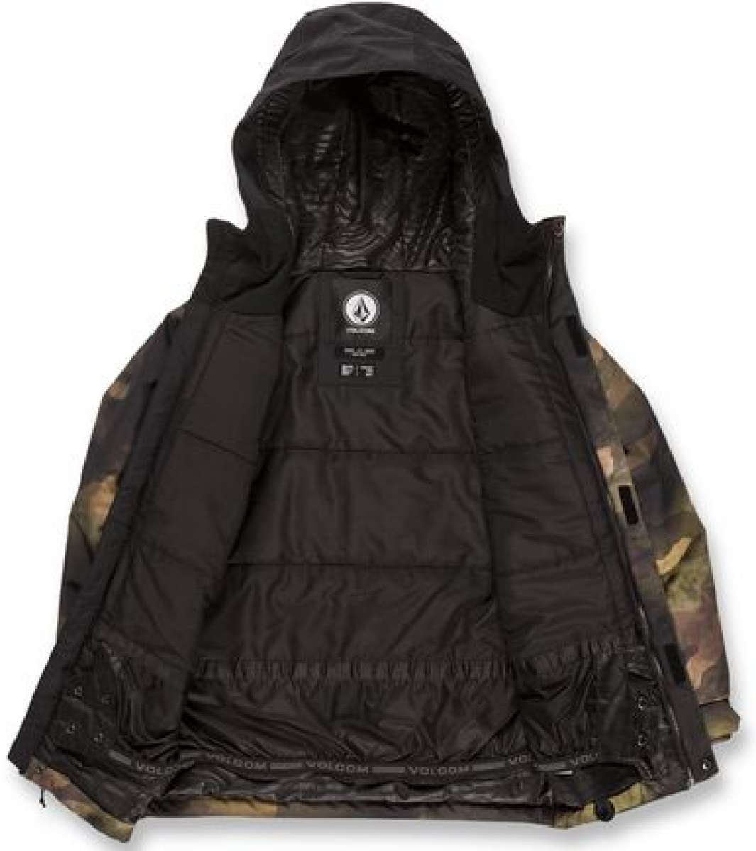 Volcom Juniors Stone 91 Insulated Jacket - A black insulated jacket with a hood, featuring a white logo on the chest and a camouflage pattern on the sleeves.