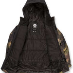 Volcom Juniors Stone 91 Insulated Jacket - A black insulated jacket with a hood, featuring a white logo on the chest and a camouflage pattern on the sleeves.