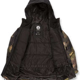 Volcom Juniors Stone 91 Insulated Jacket - A black insulated jacket with a hood, featuring a white logo on the chest and a camouflage pattern on the sleeves.