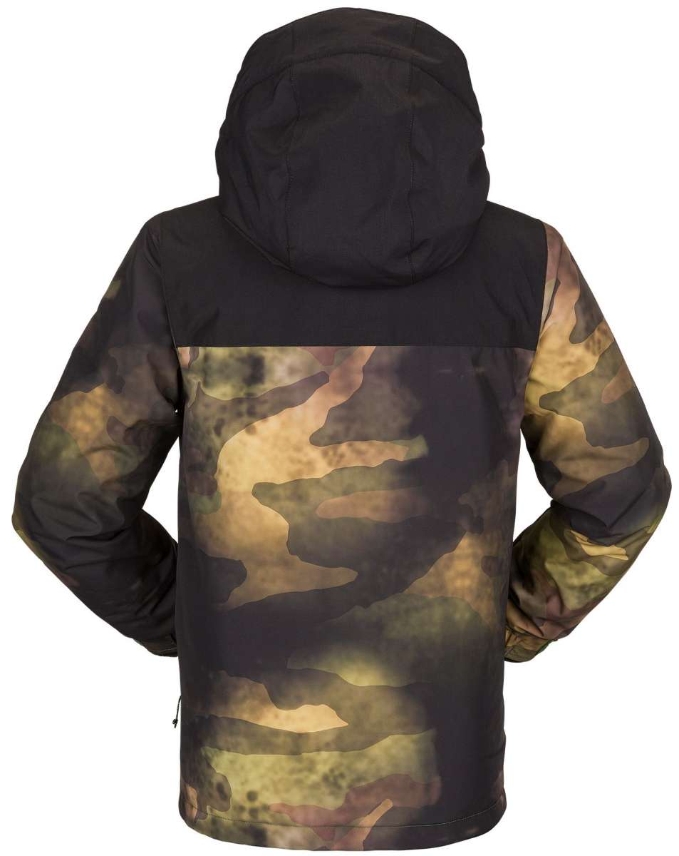 Volcom Juniors Stone 91 Insulated Jacket - A black, olive green and brown camouflage patterned jacket with a hood.