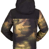 Volcom Juniors Stone 91 Insulated Jacket - A black, olive green and brown camouflage patterned jacket with a hood.