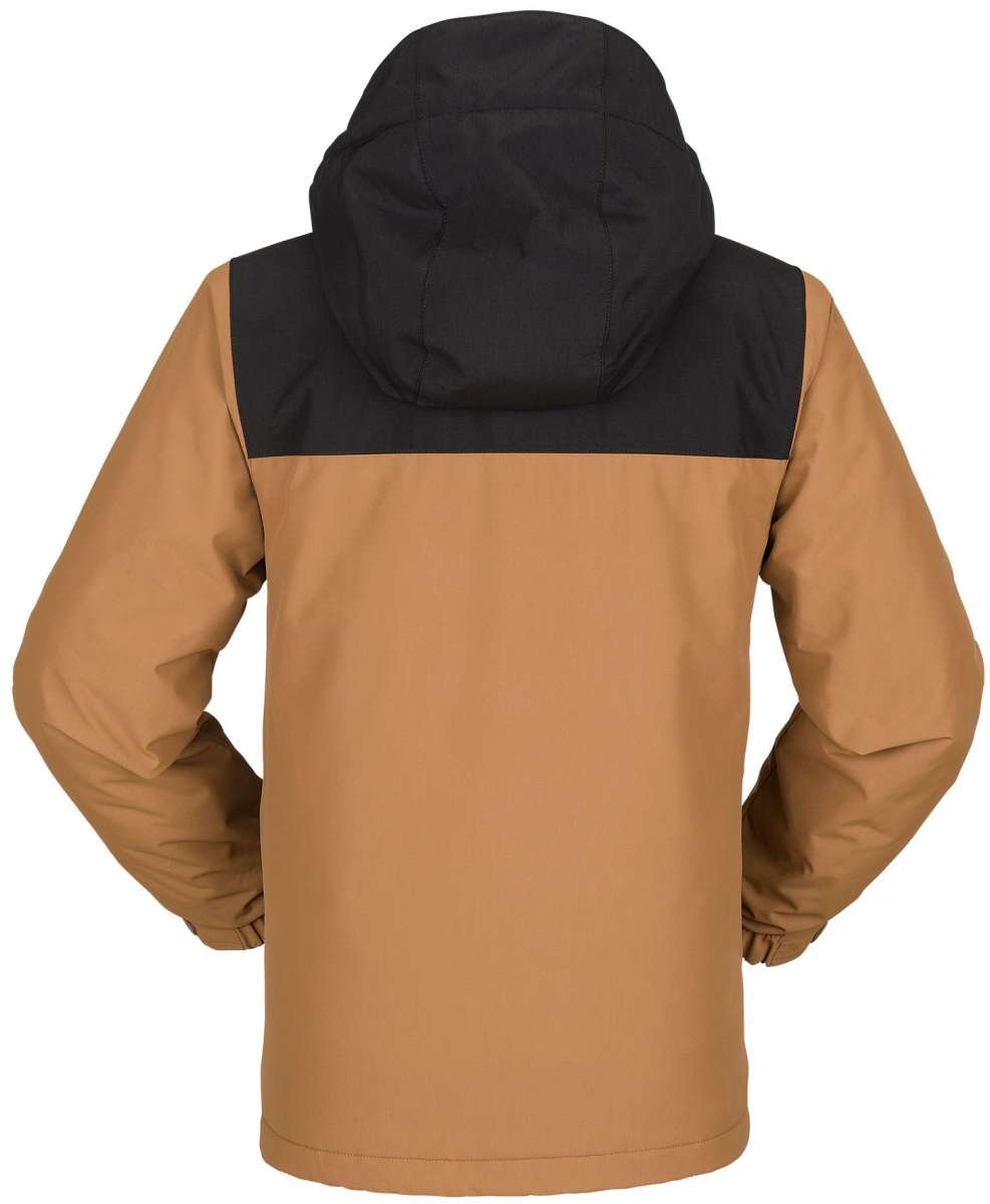 Volcom Juniors Stone 91 Insulated Jacket 2023 - A tan and black color-blocked jacket with a hood, featuring a zippered front and two side pockets.
