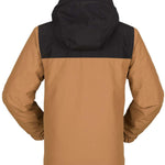 Volcom Juniors Stone 91 Insulated Jacket 2023 - A tan and black color-blocked jacket with a hood, featuring a zippered front and two side pockets.