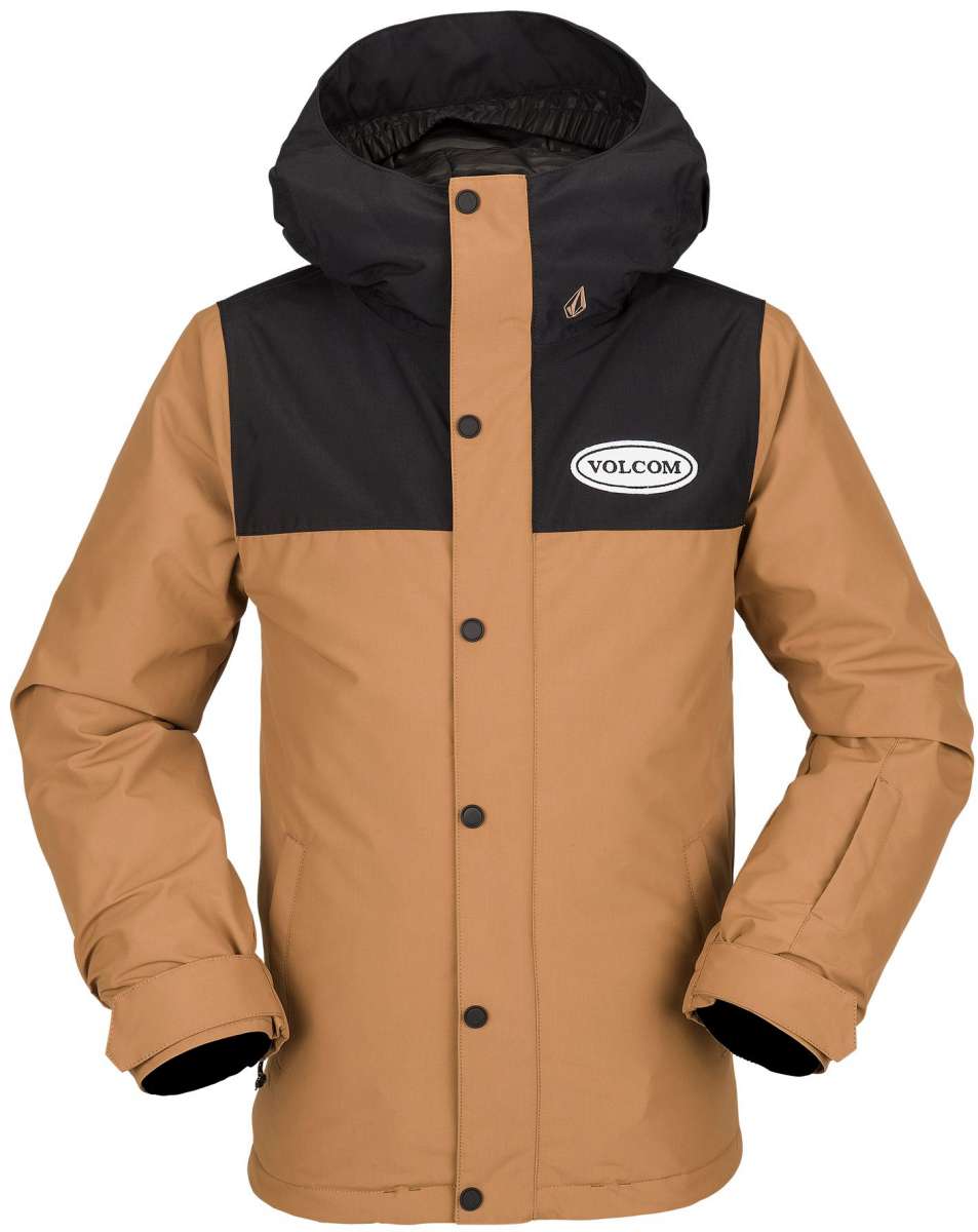 Volcom Juniors Stone 91 Insulated Jacket - A tan and black jacket with a hood, featuring a white logo on the chest.