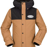 Volcom Juniors Stone 91 Insulated Jacket - A tan and black jacket with a hood, featuring a white logo on the chest.