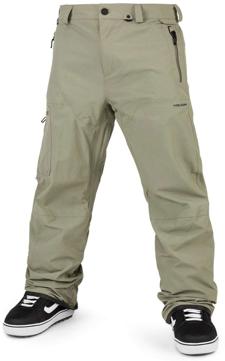 Volcom L GORE-TEX Shell Pant 2024 - A pair of khaki-colored snow pants with a zippered pocket on the right thigh and black drawstrings at the waistband.