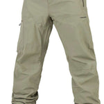 Volcom L GORE-TEX Shell Pant 2024 - A pair of khaki-colored snow pants with a zippered pocket on the right thigh and black drawstrings at the waistband.