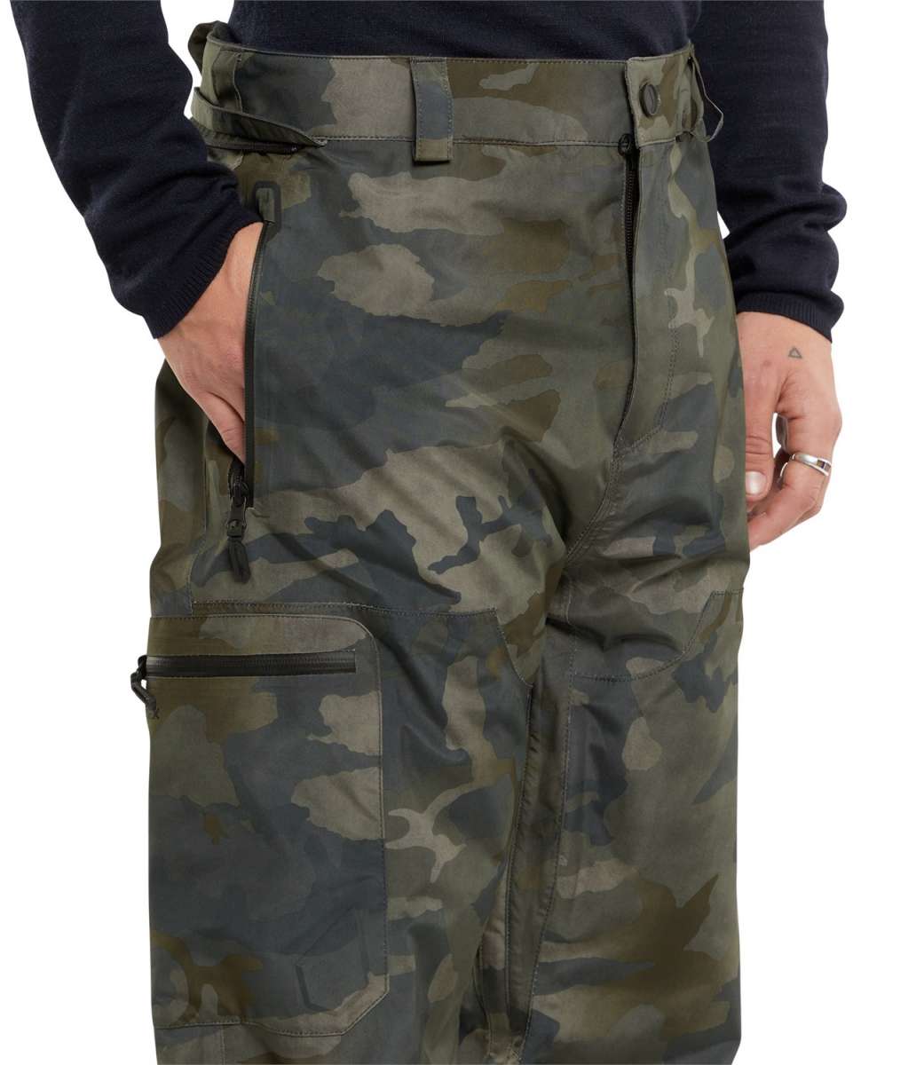 Volcom L GORE-TEX Shell Pant 2024 - A pair of olive green camouflage pants with a zippered pocket on the thigh.