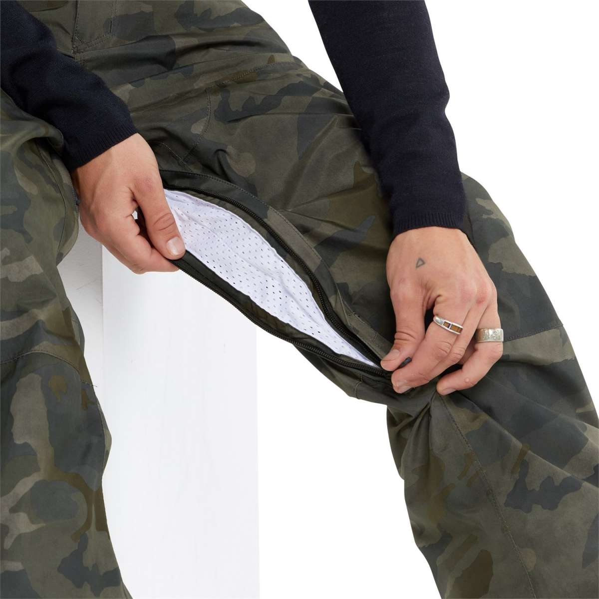 Volcom L GORE-TEX Shell Pant 2024 - A pair of olive green camouflage pants with a zippered fly and two front pockets.