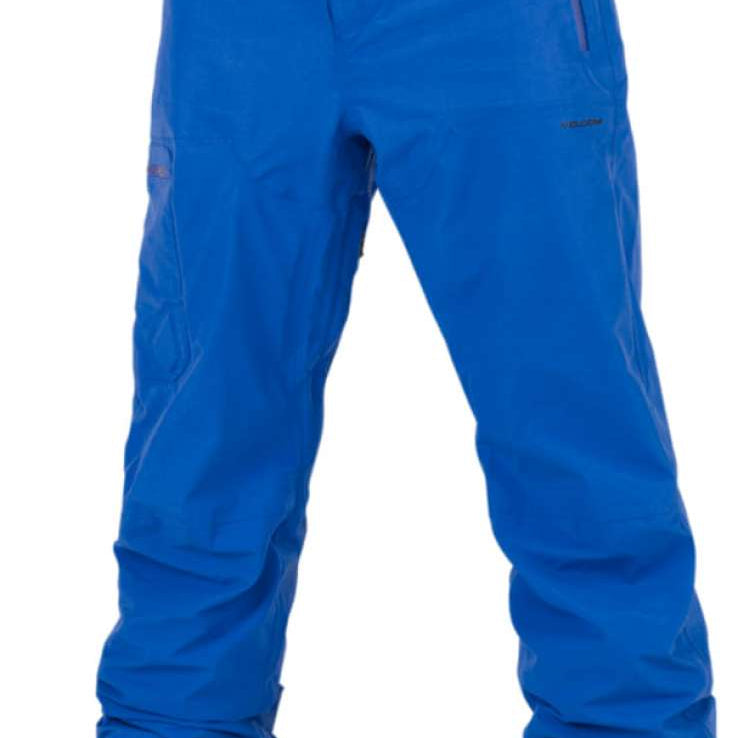 Volcom L GORE-TEX Shell Pant 2024 - A pair of blue snow pants with a zippered pocket on the right thigh and black zippers.