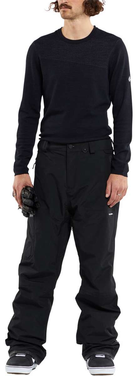 Volcom L GORE-TEX Shell Pant 2024 - Black snow pants with white logo on left thigh and adjustable Velcro straps at waist.