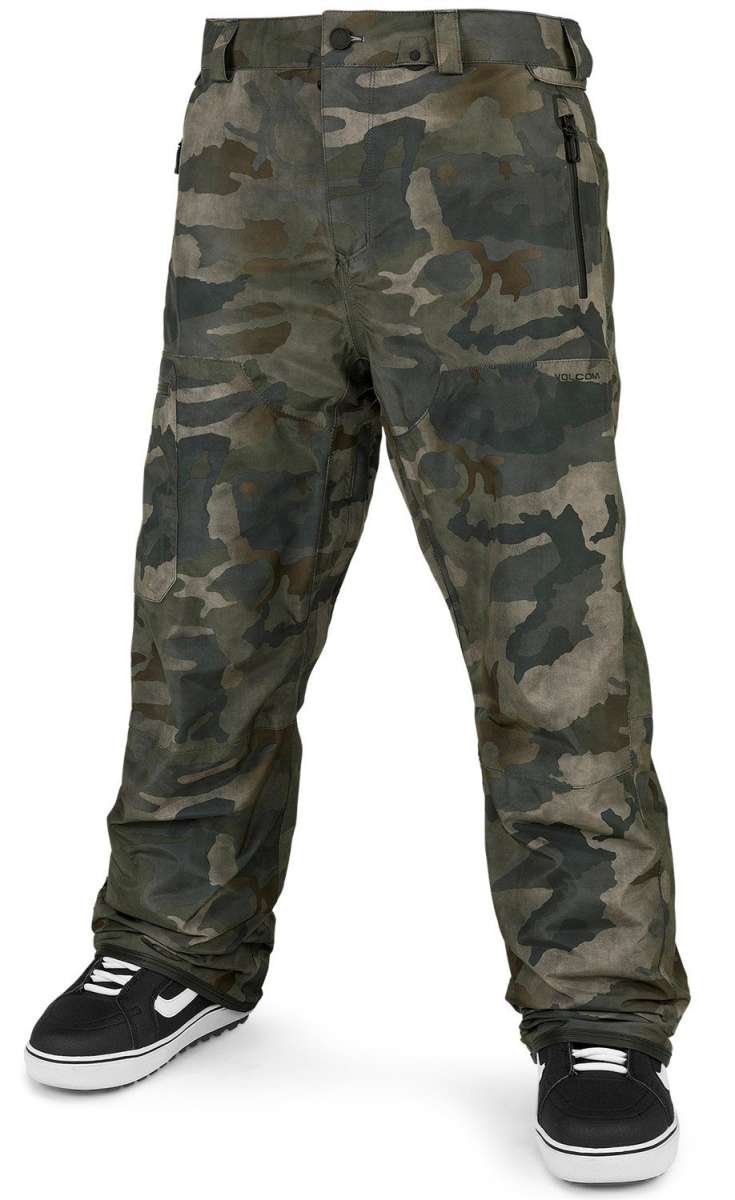 Volcom L GORE-TEX Shell Pant 2024 - A pair of camouflage pants with a dark green and brown pattern, featuring a zippered pocket on the right thigh.