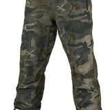 Volcom L GORE-TEX Shell Pant 2024 - A pair of camouflage pants with a dark green and brown pattern, featuring a zippered pocket on the right thigh.