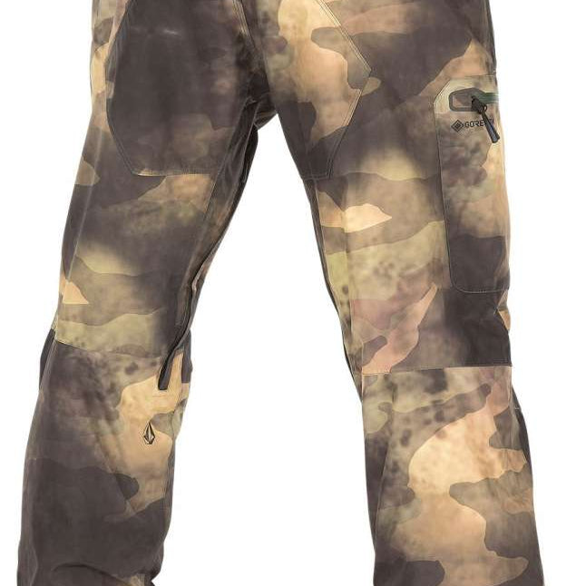 Volcom L GORE-TEX Shell Pant 2023 - A pair of camouflage-printed snow pants with a black belt and zipper fly.