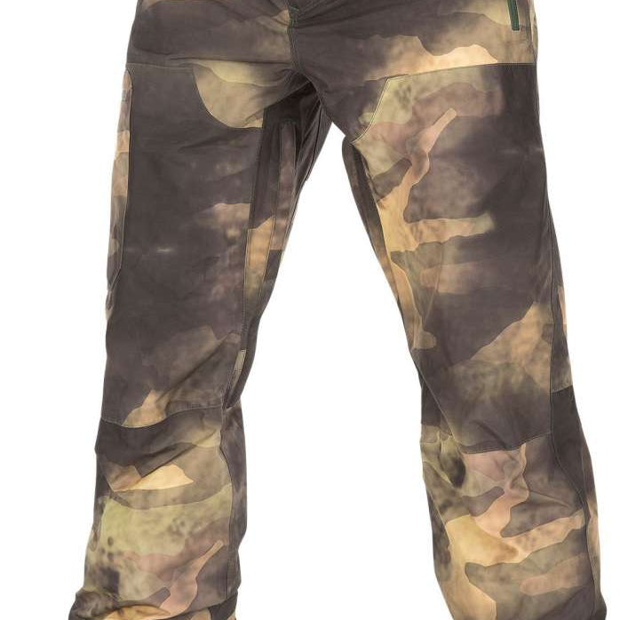 Volcom L GORE-TEX Shell Pant 2023 - A pair of camouflage-print snow pants with a black belt and zipper on the right side.