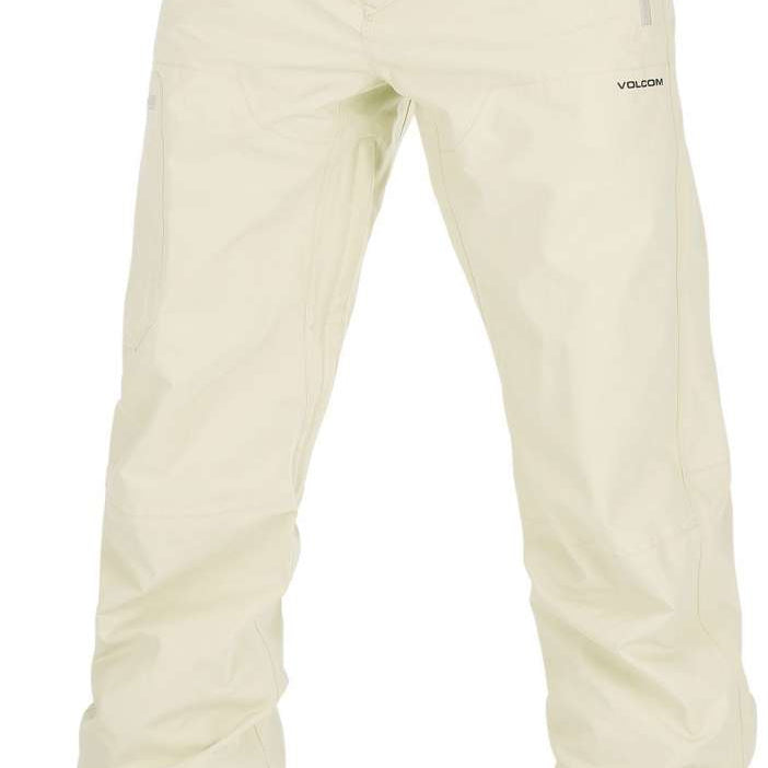 Volcom L GORE-TEX Shell Pant 2023 - A pair of khaki-colored snow pants with a zippered pocket on the right thigh and a black drawstring at the waist.
