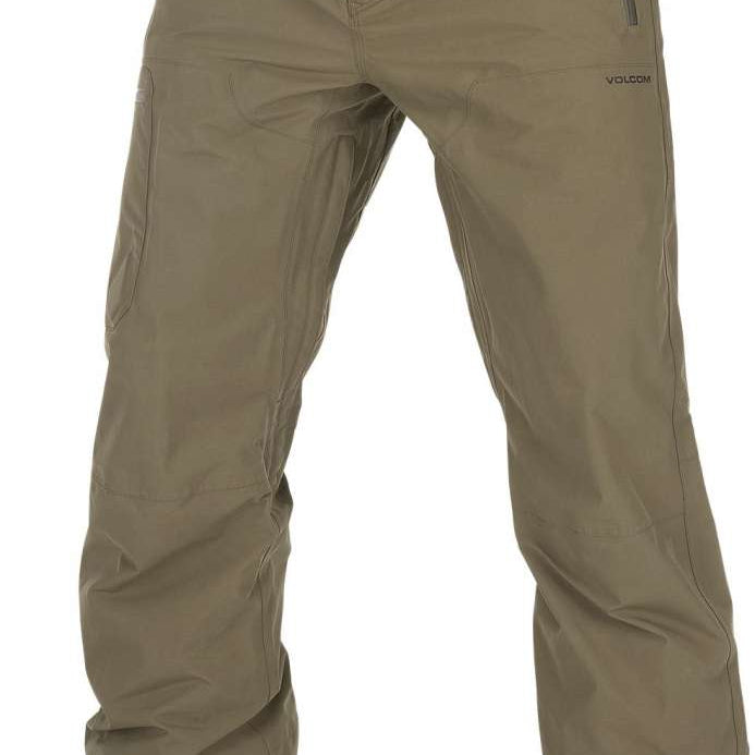 Volcom L GORE-TEX Shell Pant 2023 - A pair of khaki-colored pants with a zippered pocket on the right thigh and a black zipper pull.