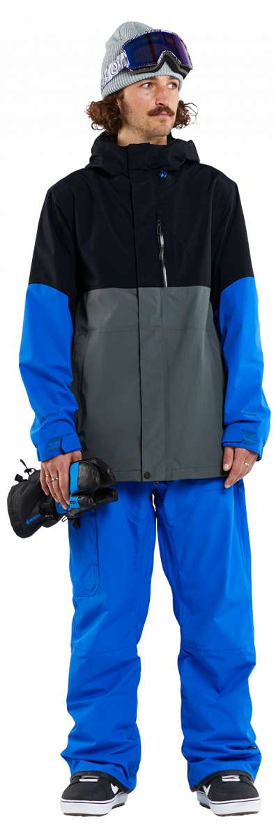 Volcom L Insulated GORE-TEX Jacket - A black jacket with a grey chest panel and blue sleeves, featuring a hood and zippered pockets.
