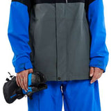Volcom L Insulated GORE-TEX Jacket - A black jacket with a grey chest panel and blue sleeves, featuring a hood and zippered pockets.