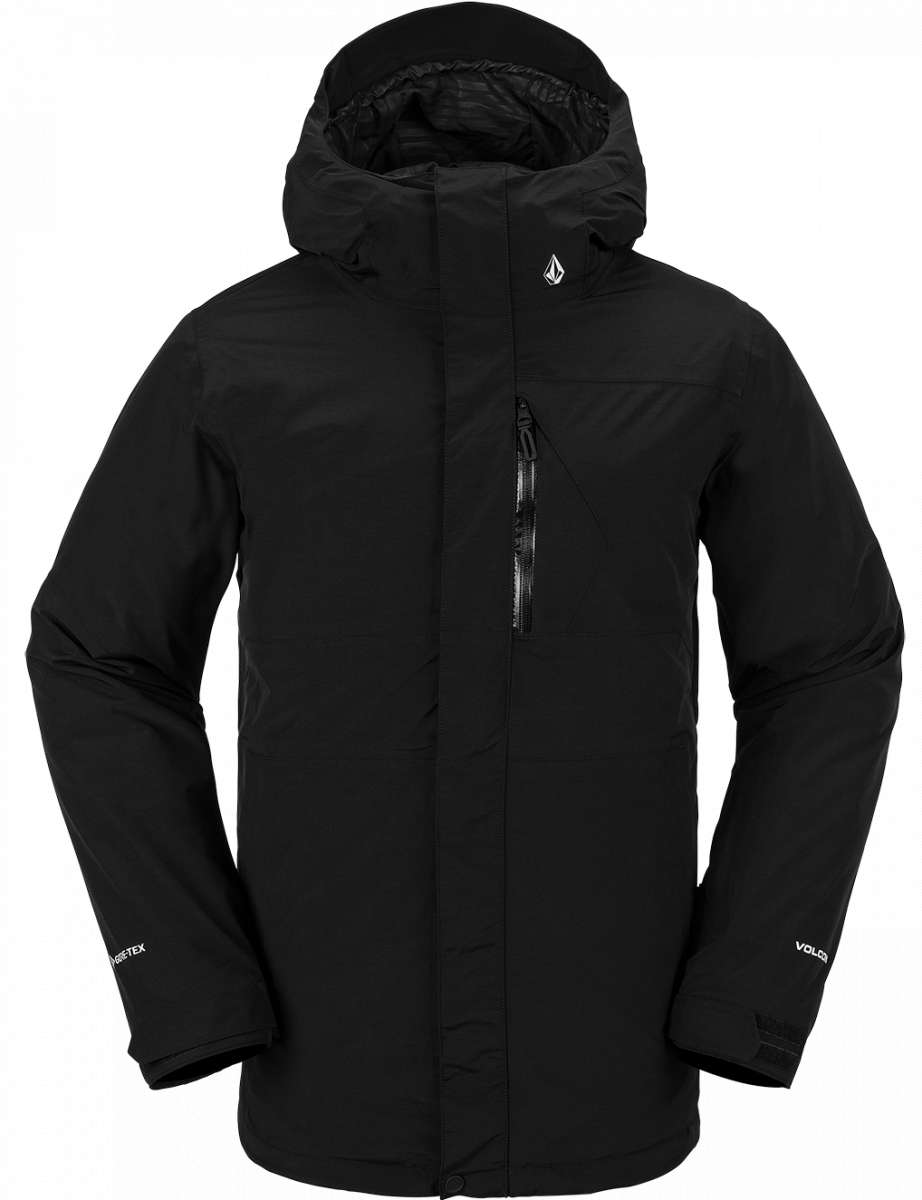 Volcom L Insulated GORE-TEX Jacket 2024 - A black jacket with a hood, featuring white logos on the chest and sleeve.