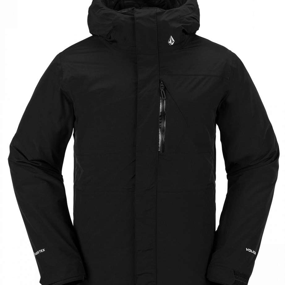 Volcom L Insulated GORE-TEX Jacket 2024 - A black jacket with a hood, featuring white logos on the chest and sleeve.