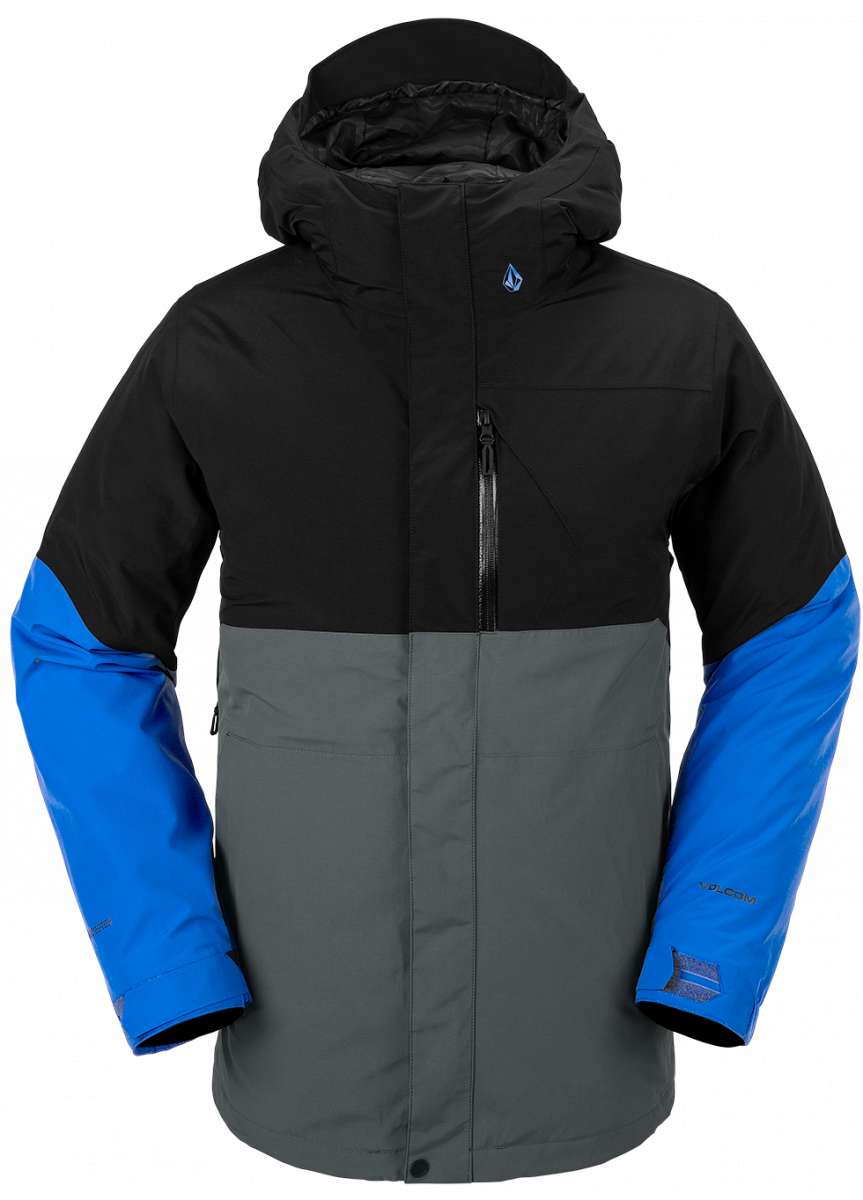 Volcom L Insulated GORE-TEX Jacket 2024 - A black jacket with a blue logo on the upper right side, featuring a zipper down the front and two pockets on either side.