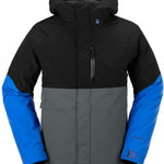 Volcom L Insulated GORE-TEX Jacket 2024 - A black jacket with a blue logo on the upper right side, featuring a zipper down the front and two pockets on either side.