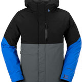 Volcom L Insulated GORE-TEX Jacket 2024 - A black jacket with a blue logo on the upper right side, featuring a zipper down the front and two pockets on either side.