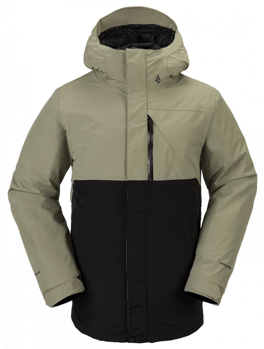 Volcom L Insulated GORE-TEX Jacket 2024 - A black and olive green jacket with a hood, featuring a zipper down the front.