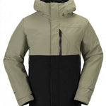 Volcom L Insulated GORE-TEX Jacket 2024 - A black and olive green jacket with a hood, featuring a zipper down the front.