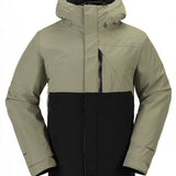 Volcom L Insulated GORE-TEX Jacket 2024 - A black and olive green jacket with a hood, featuring a zipper down the front.
