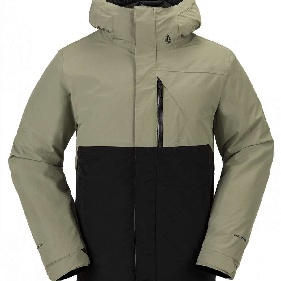 Volcom L Insulated GORE-TEX Jacket 2024 - A black and olive green jacket with a hood, featuring a zipper down the front.