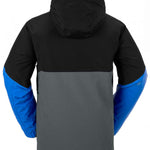 Volcom L Insulated GORE-TEX Jacket 2024 - A black jacket with a grey panel across the lower half of the back and arms, featuring blue accents on the sleeves.