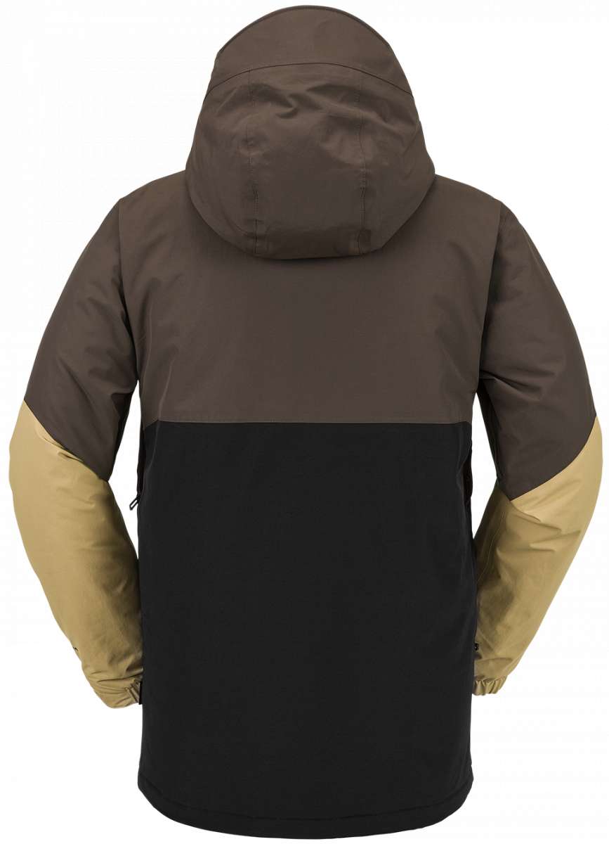 Volcom L Insulated GORE-TEX Jacket 2024 - A brown and black jacket with a hood, featuring tan accents on the sleeves.