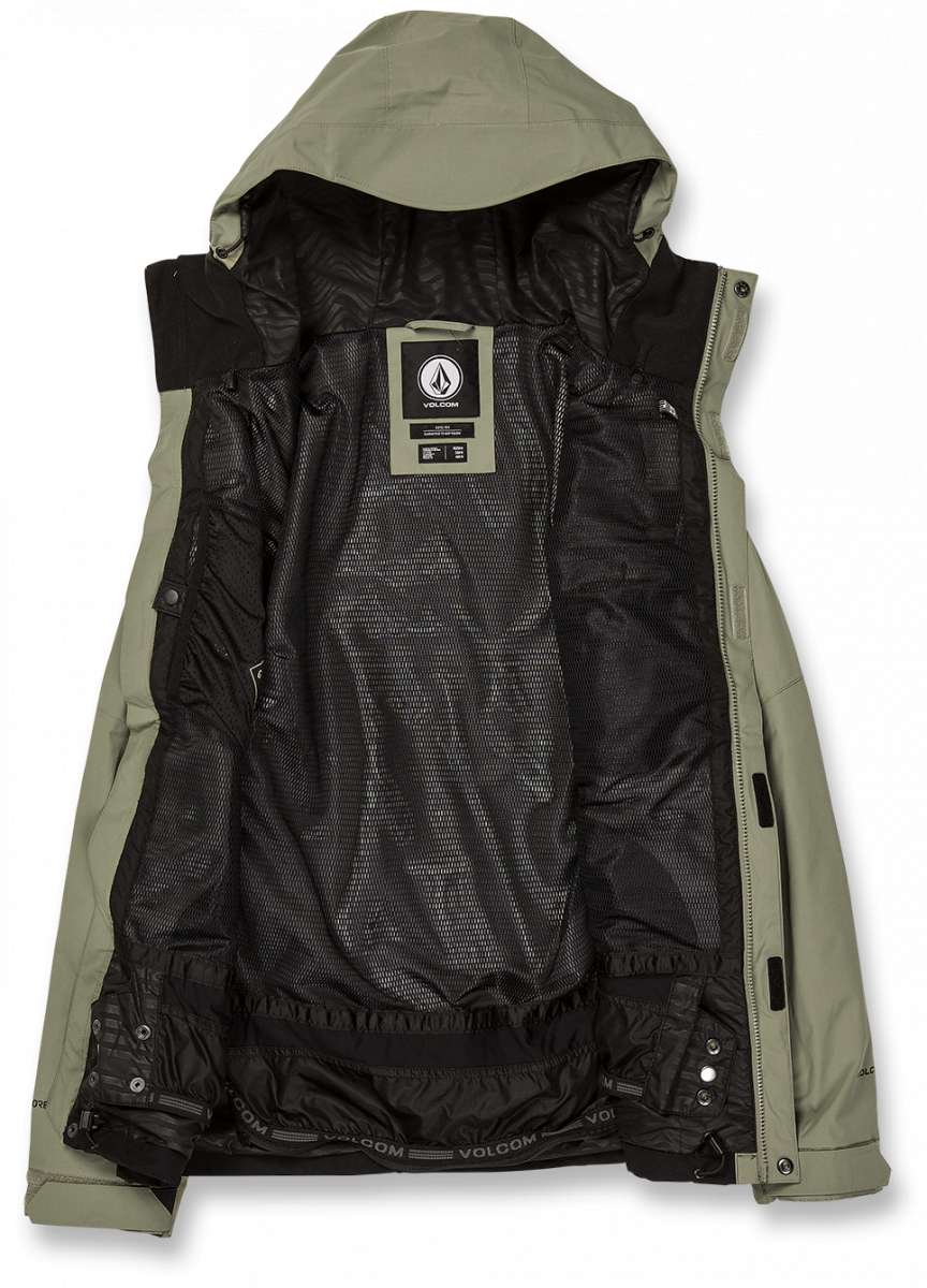 Volcom L Insulated GORE-TEX Jacket 2024 - A black jacket with a white logo on the chest and a hood, laid flat on a solid background.