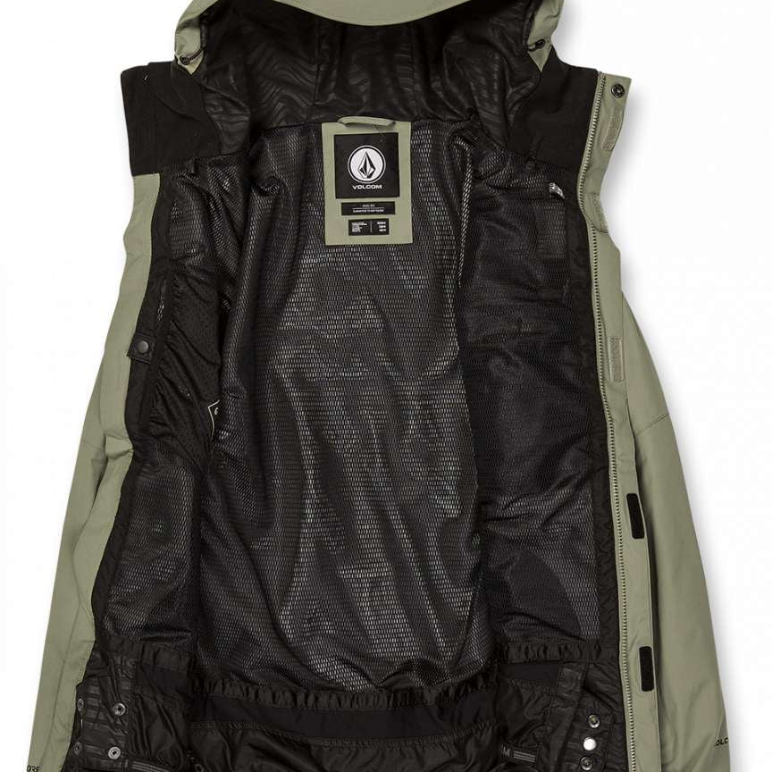 Volcom L Insulated GORE-TEX Jacket 2024 - A black jacket with a white logo on the chest and a hood, laid flat on a solid background.