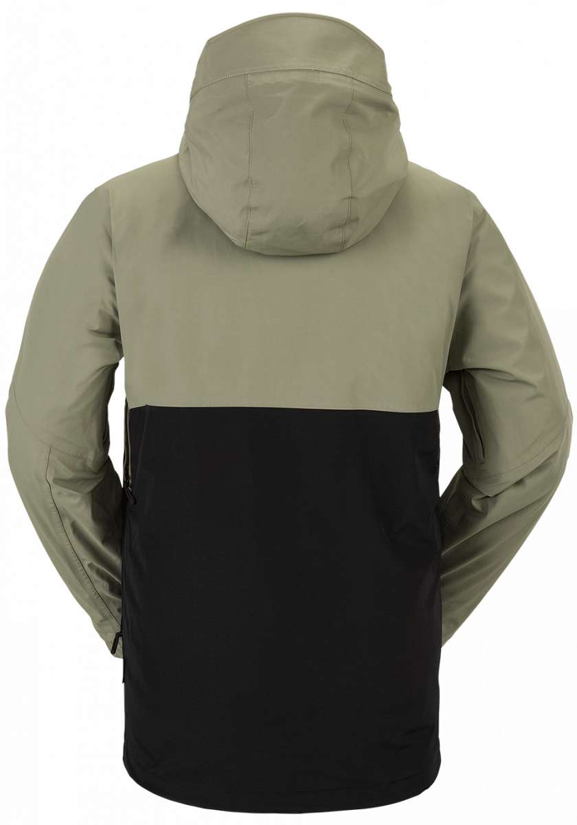 Volcom L Insulated GORE-TEX Jacket 2024 - A black and grey jacket with a hood, featuring a zippered front and two side pockets.