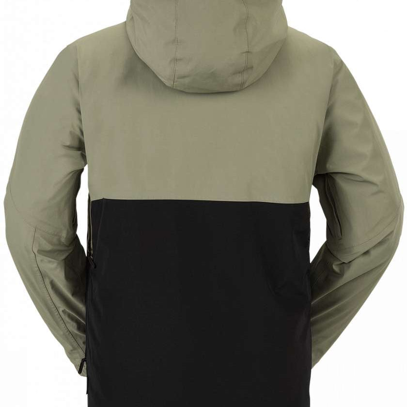 Volcom L Insulated GORE-TEX Jacket 2024 - A black and grey jacket with a hood, featuring a zippered front and two side pockets.