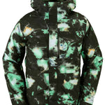 Volcom L Insulated GORE-TEX Jacket 2024 - A black jacket with a green and yellow tie-dye pattern, featuring a hood and zippered pockets.