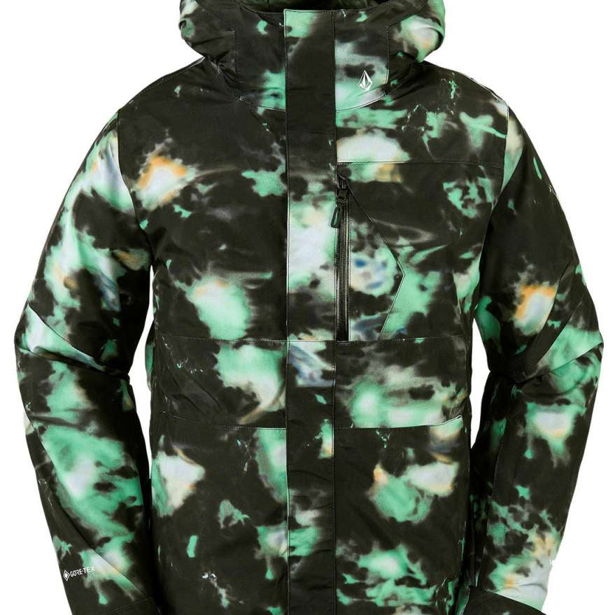 Volcom L Insulated GORE-TEX Jacket 2024 - A black jacket with a green and yellow tie-dye pattern, featuring a hood and zippered pockets.