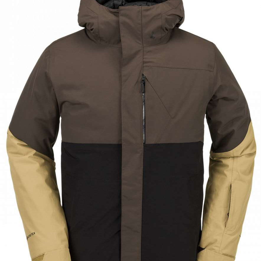 Volcom L Insulated GORE-TEX Jacket 2024 - A brown and black insulated jacket with a hood, featuring a zippered front and two chest pockets.