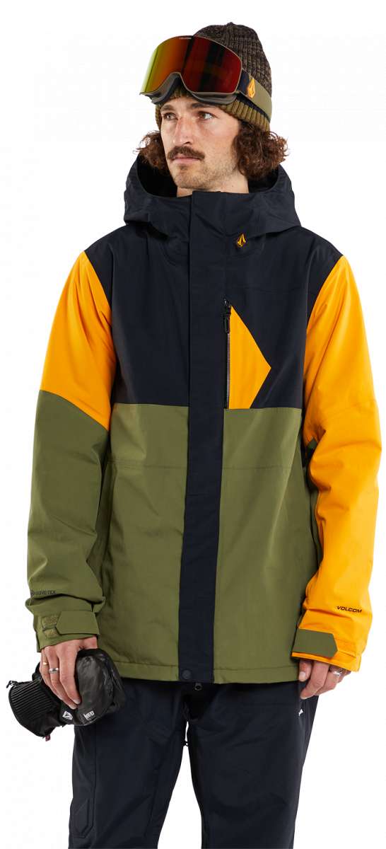 Volcom L Insulated GORE-TEX Jacket - A black jacket with yellow and olive green accents, featuring a hood and zippered pockets.