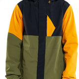 Volcom L Insulated GORE-TEX Jacket - A black jacket with yellow and olive green accents, featuring a hood and zippered pockets.