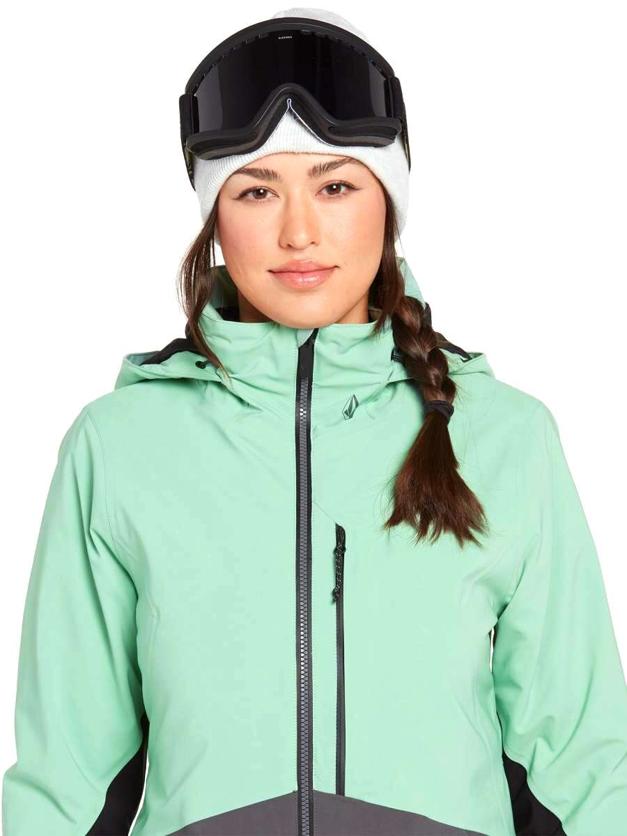 Volcom Women's 3D Stretch GORE-TEX Jacket - A mint green jacket with a black zipper and logo on the chest.