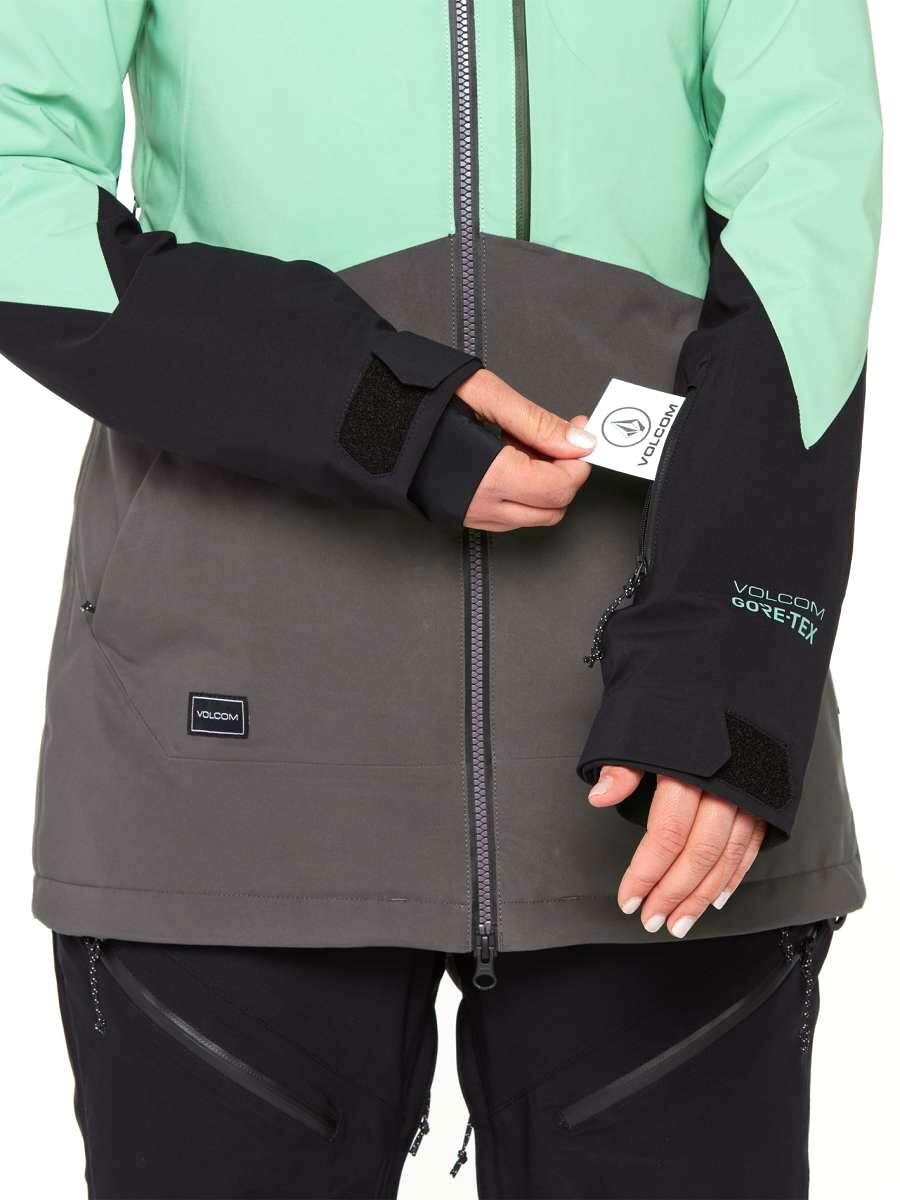 Volcom Women's 3D Stretch GORE-TEX Jacket - A black jacket with a white logo on the chest and a zipper down the front.