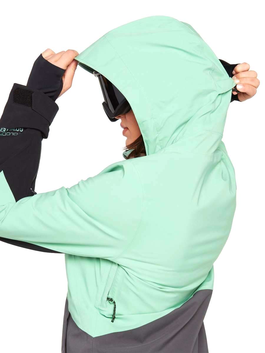 Volcom Women's 3D Stretch GORE-TEX Jacket - A mint green jacket with a hood, featuring black accents on the sleeves and chest.