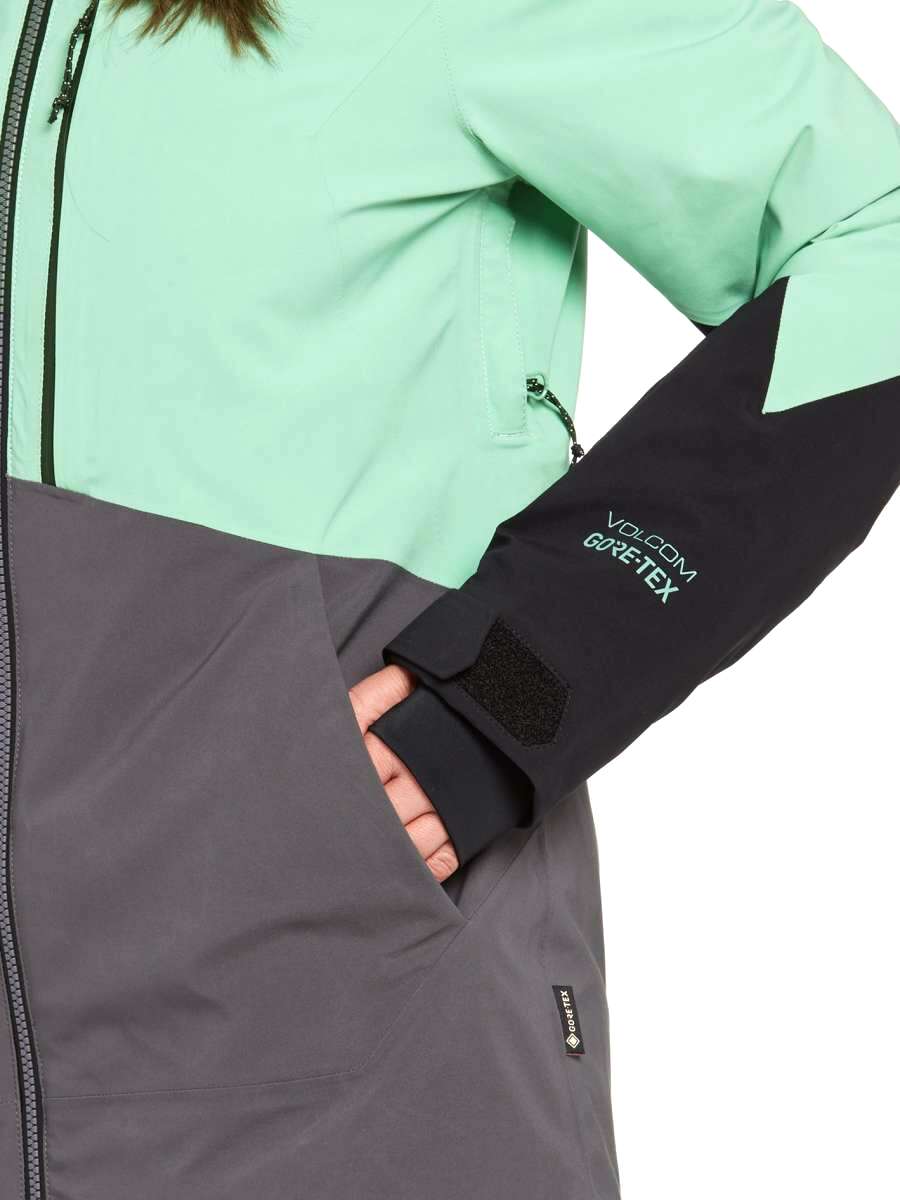 Volcom Women's 3D Stretch GORE-TEX Jacket - A black jacket with a white logo on the left chest and a zipper running down the front.