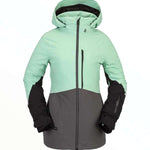 Volcom Women's 3D Stretch GORE-TEX Jacket 2022 - A mint green and gray jacket with a hood, featuring black zippers and a black logo on the chest.