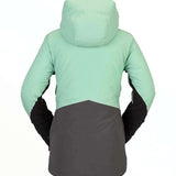Volcom Women's 3D Stretch GORE-TEX Jacket 2022 - A mint green jacket with black accents and a hood, featuring a zippered front and two side pockets.