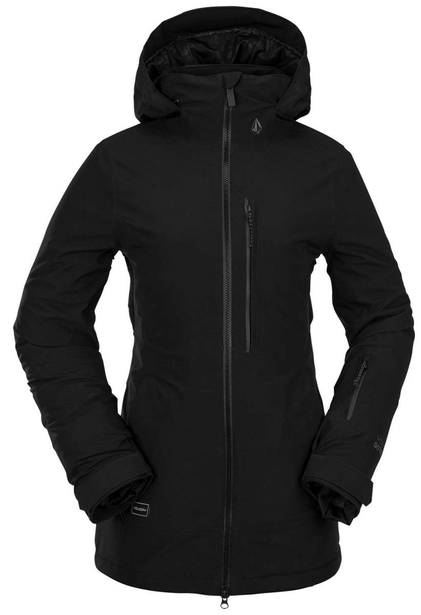Volcom Women's 3D Stretch GORE-TEX Jacket 2022 - A black jacket with a hood, featuring a zipper down the front and two zippered pockets on either side.
